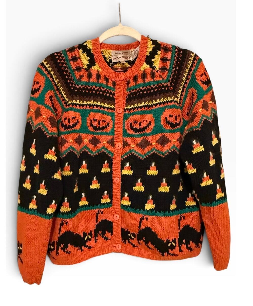 Halloween Cardigan Lauren Hansen Petites M Hand Knit Sweater Cats Pumpkins Ghost